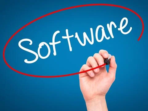 Man Hand writing Software  with black marker on visual screen. Stock-Fotos