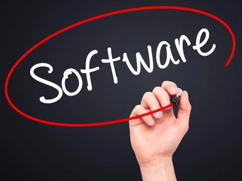 Man Hand writing Software  with black marker on visual screen. Stock Photos