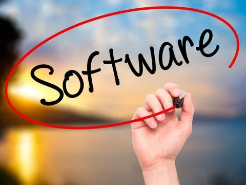 Man Hand writing Software  with black marker on visual screen. Stock-Fotos