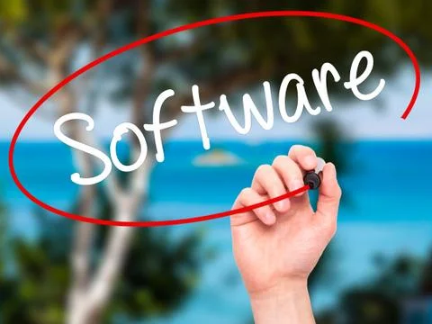Man Hand writing Software  with black marker on visual screen. Stock Photos
