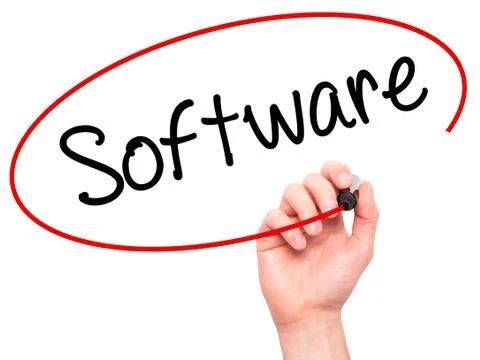 Man Hand writing Software  with black marker on visual screen. Stock Photos
