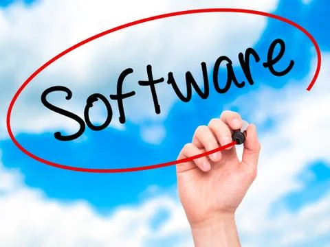 Man Hand writing Software  with black marker on visual screen. Stock-Fotos