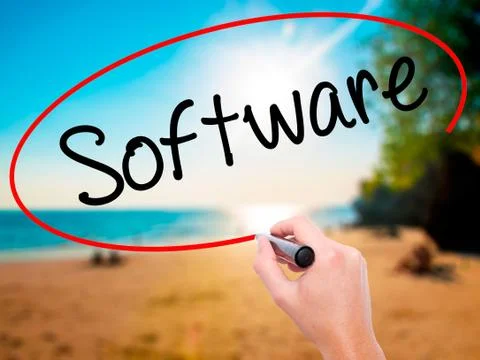 Man Hand writing Software  with black marker on visual screen. Stock Photos