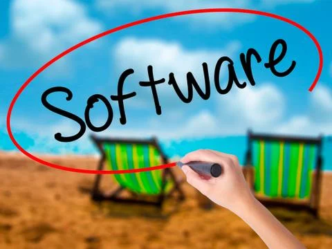 Man Hand writing Software  with black marker on visual screen. Stock-Fotos