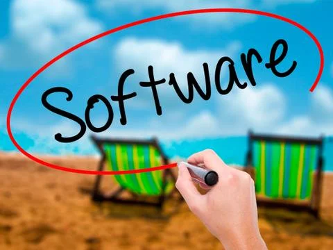 Man Hand writing Software  with black marker on visual screen. Stock-Fotos