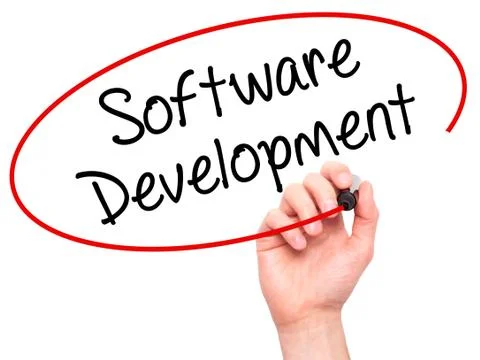 Man Hand writing Software Development with black marker on visual screen Stock Photos