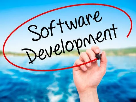 Man Hand writing Software Development with black marker on visual screen Foto stock