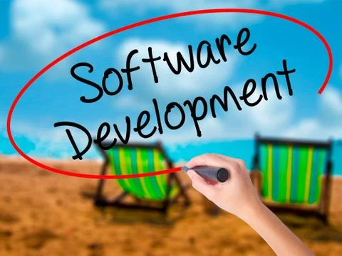 Man Hand writing Software Development with black marker on visua Stock Photos
