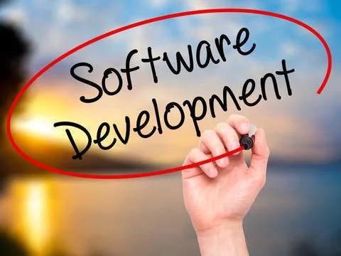 Man Hand writing Software Development with black marker on visual screen M... Stockfoto's