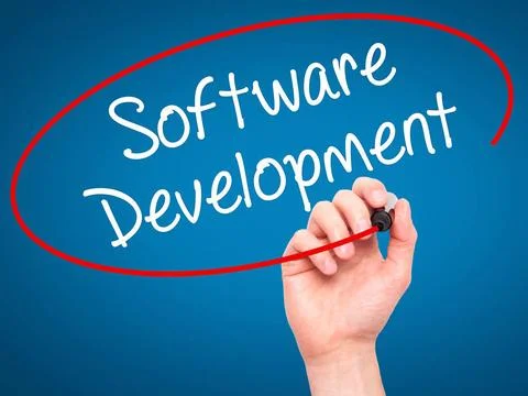 Man Hand writing Software Development with black marker on visual screen M... Stockfoto's
