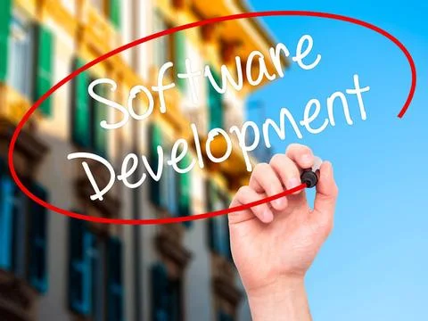 Man Hand writing Software Development with black marker on visual screen M... Stock Photos