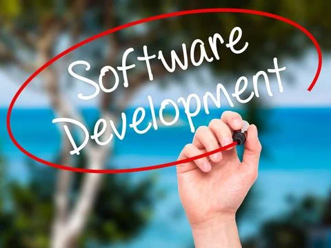 Man Hand writing Software Development with black marker on visual screen M... 스톡 사진