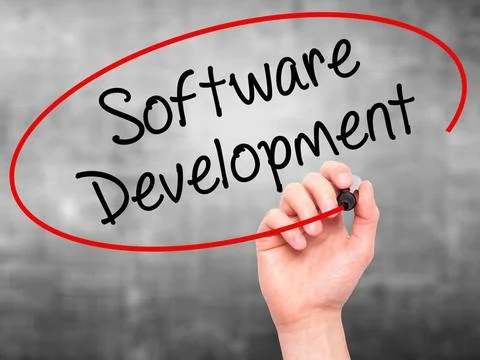 Man Hand writing Software Development with black marker on visual screen M... Stockfoto's