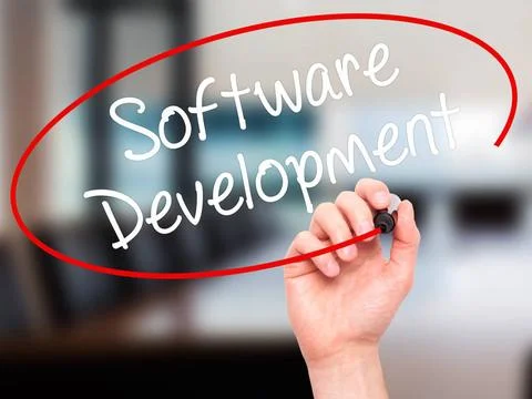 Man Hand writing Software Development with black marker on visual screen M... Stockfoto's