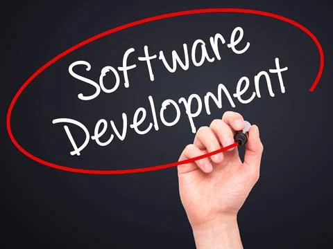 Man Hand writing Software Development with black marker on visual screen M... Stockfoto's