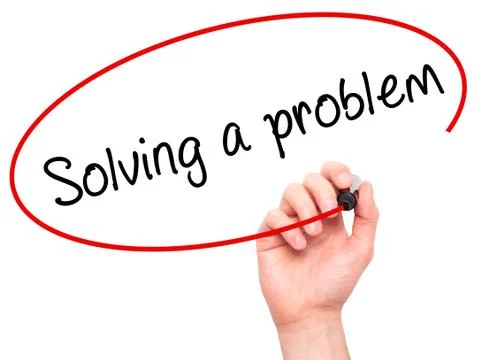 Man Hand writing Solving a problem with black marker on visual screen Foto stock