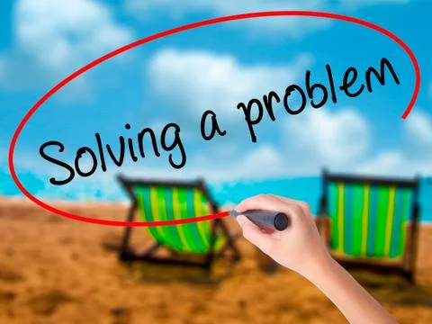 Man Hand writing Solving a problem with black marker on visual s Foto stock