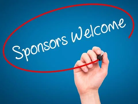 Man Hand writing Sponsors Welcome with black marker on visual screen. Stock Photos