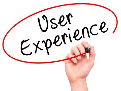 Man Hand writing User Experience with black marker on visual screen Stock Photos
