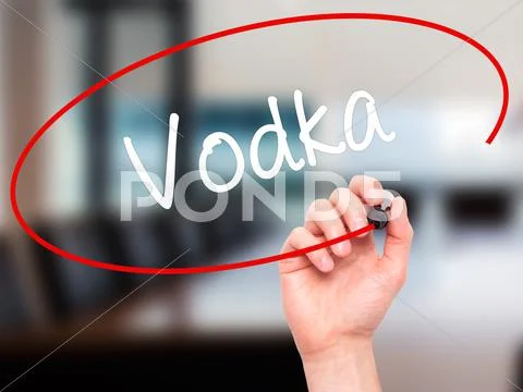 Man Hand writing Vodka with black marker on visual screen. Stock Illustration