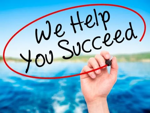 Man Hand writing We Help You Succeed with black marker on visual screen Stock Photos