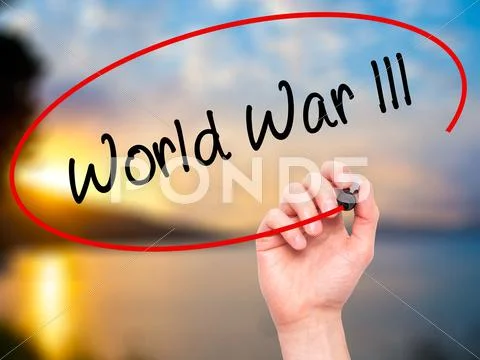 Man Hand writing World War lll with black marker on visual screen. Stock Illustration