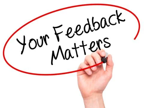 Man Hand writing Your Feedback Matters with black marker on visual screen Stock Photos