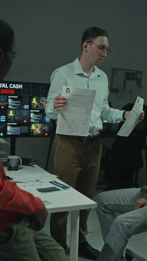 Man Handing Case Files to Black Colleague in Surveillance Office Stock Footage 346706115