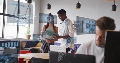 Man handing folder to colleague activating business hologram charts and code Stock Footage 315542681