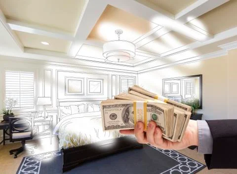 Man Handing Over Stack of Money Above Bedroom Drawing Photograph Combination. Stock Photos