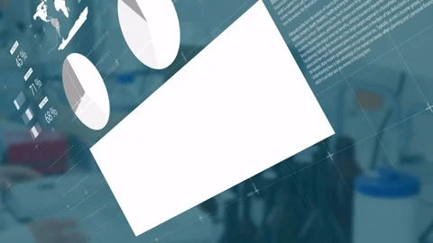 Man handling samples at tech lab bench, displaying animated pie charts bar chart Video stock 307462432