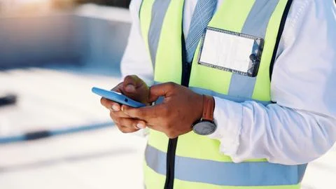 Man, hands and architect typing with phone in city for construction plannin.. Stock Photos