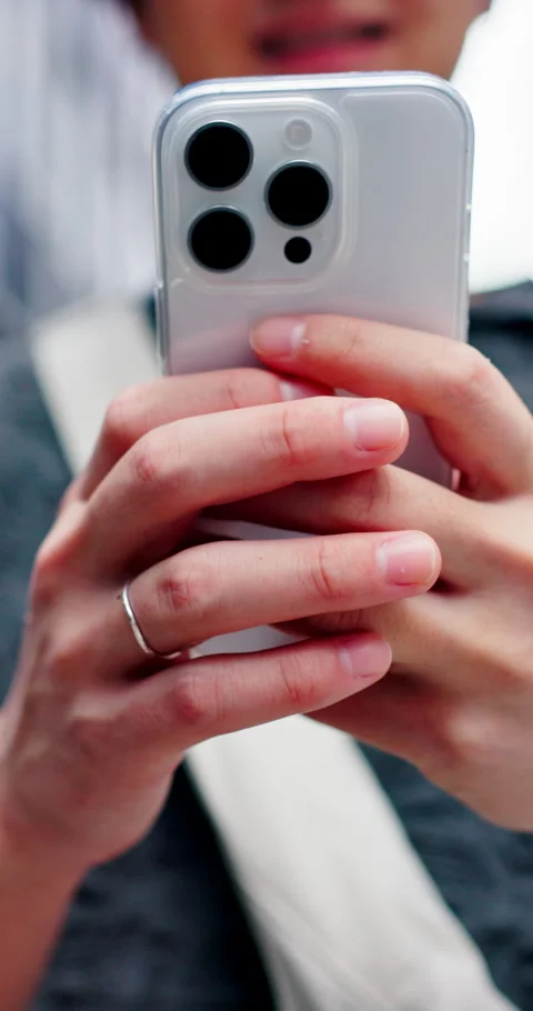 Man, hands and browsing in city with phone, typing text message and network for Stock Footage 341473713