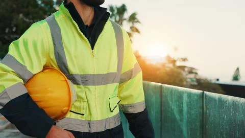 Man, hands and builder outdoor with helmet, accident prevention and safety .. Stock Photos