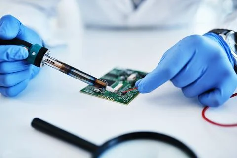 Man, hands and computer engineer to repair in office, hardware maintenance and Stock Photos