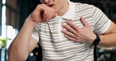 Man, hands and cough in office with sickness, chest infection and discomfort Stock Footage 340606868