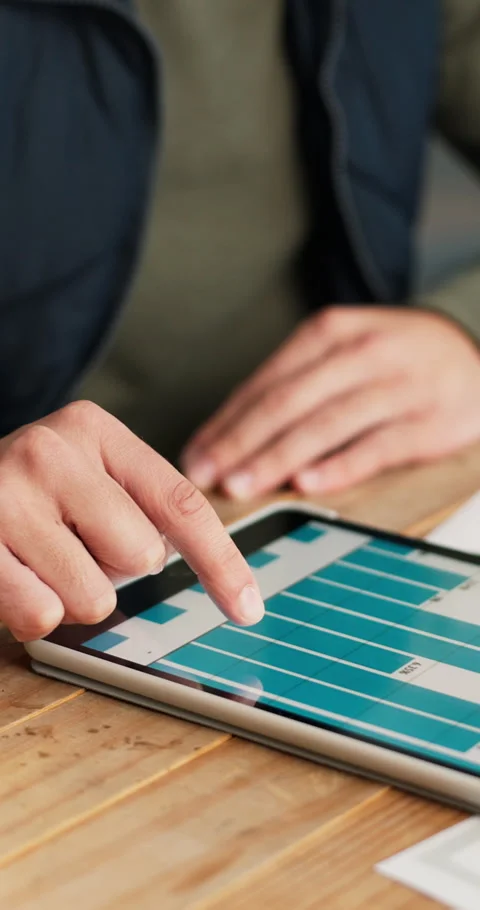 Man, hands and data in office with tablet screen, sales performance and research Stock Footage 347333829