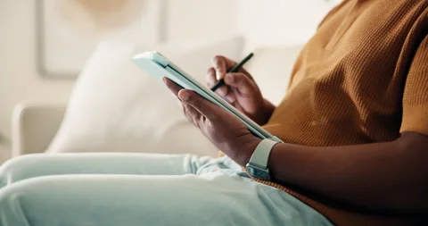 Man, hands and drawing in home with tablet, remote work and graphic designer for Stock Footage 337763955
