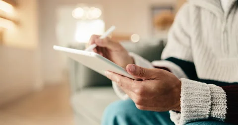 Man, hands and drawing in home with tablet, remote work and graphic designer for Stock Footage 344310151