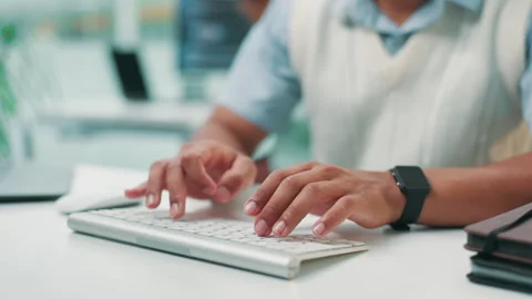 Man, hands and keyboard for web coding in office, typing and online for Stock Footage 297157052