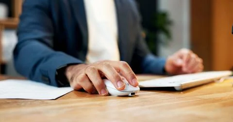 Man, hands and mouse at computer for business, email selection or account m.. Stock Photos