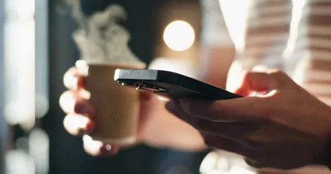 Man, hands and phone in cafe with coffee, typing text message and notification Stock Footage 340633518