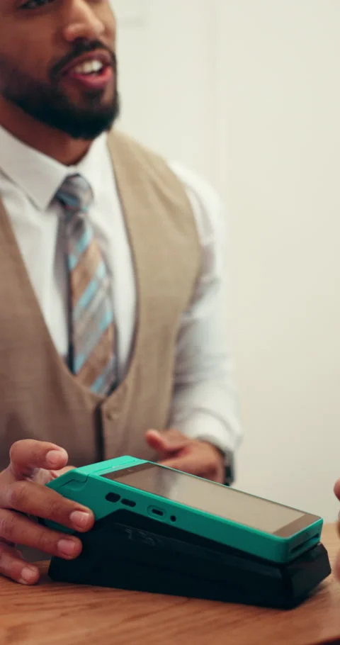 Man, hands and pos machine with credit card in hotel for wireless transaction, Stock Footage 319542786