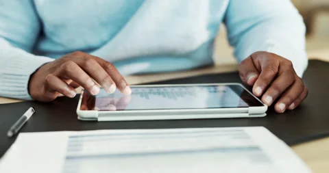 Man, hands and scroll in office with tablet, payroll data analysis or review Stock Footage 336843300