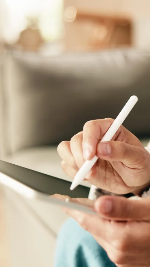 Man, hands and sketch in house with tablet, remote work and graphic designer for Stock Footage 343522703