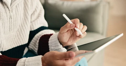 Man, hands and sketch in house with tablet, remote work and graphic designer for Stock Footage 344283395