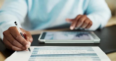Man, hands and tablet in office with checklist, payroll data analysis or Stock Footage 336847156