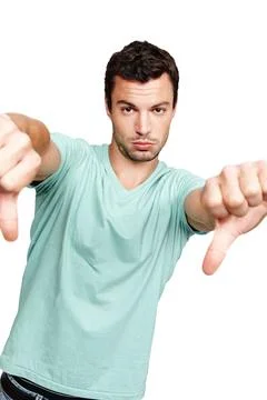 Man, hands and thumbs down standing in disappointment for fail, wrong or Stock Photos