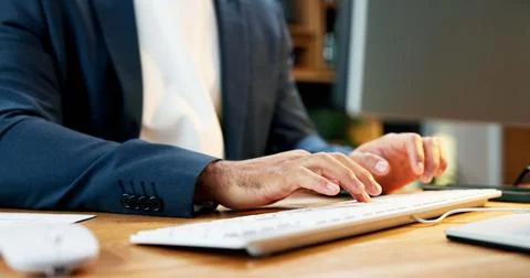 Man, hands and typing at computer for business, email feedback or account m.. Stock Photos