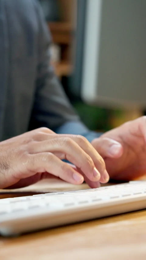 Man, hands and typing in office with computer, human resources job and ERP Stock Footage 344264369